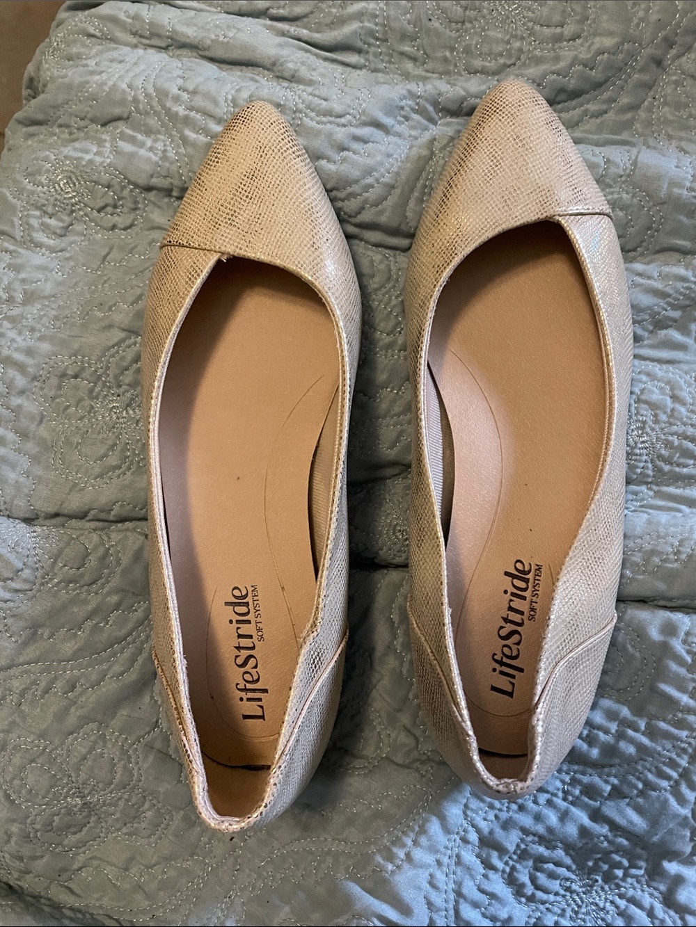 Life Stride Pointed Toe Flats in Light Beige Snake Texture